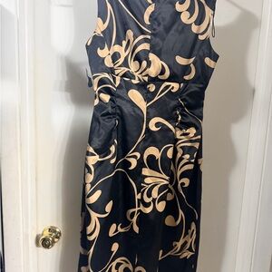 London Times Black Midi Dress with Tan Scroll Pattern